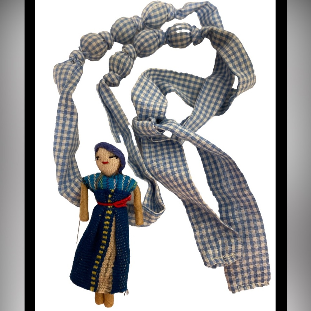 Vintage Folk Art cloth rag doll Fabric Handmade Necklace headwear Blue gingham